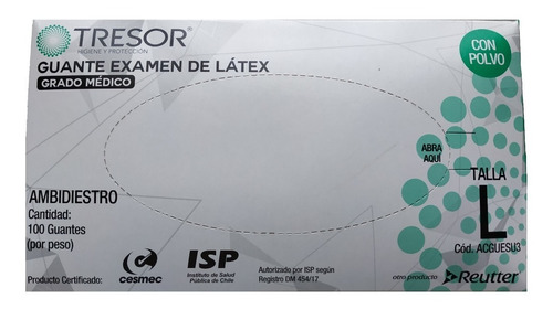 Guante Latex Tresor Talla L Caja X 100 Un. Certificación Isp