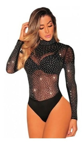 Body Blusa Transparente Con Diamamtes Mujer 