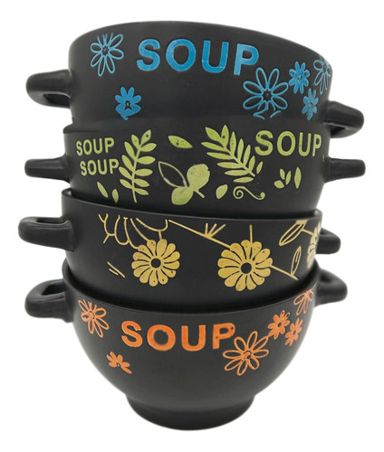 X4 Bowls Soperos Ceramica Colores Y Diseños Varios 500ml Tkh