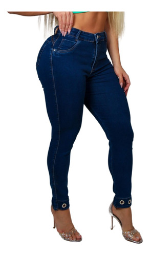 Calça Jeans Escura Feminina Premium Barra Ilhoes Vintage