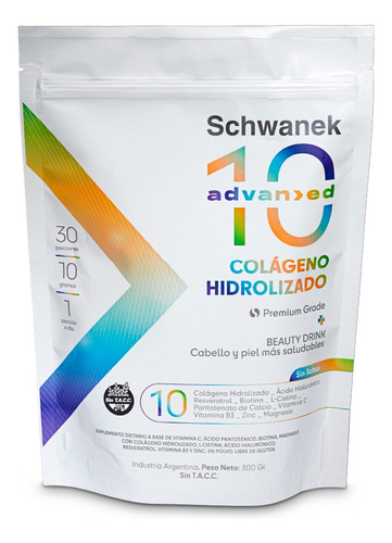 Colageno Hidrolizado Suplemento Polvo Schwanek Advanced 10 Sabor Sin Sabor