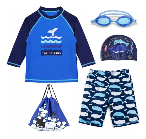 Traje De Baño Para Niños Manga Larga + Gafas De Natación Kit