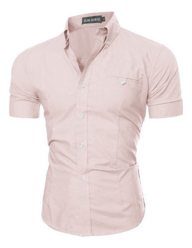 Camisa Social Masculina Slim Fit Manga Curta Com Elastano