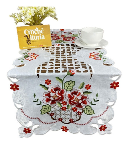 Caminho Trilho De Mesa Guippir Bordado Renda 90cm Paris Luxo Cor Flor Vermelha