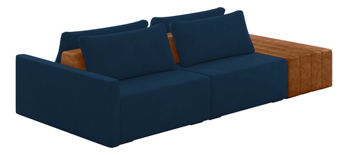 Sofá Ilha Modular 252cm C/ Puff Dublin Veludo Azul Caramelo