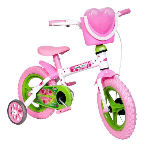 Bicicleta  Bicicleta Aro 12 Sweet Infantil Styll Baby Baby Sweet Heart Aro 12 Freio Tambor Cor Branco/rosa/verde Com Rodas De Treinamento
