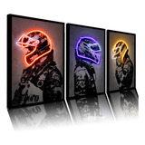 Quadro Decorativo Neon F1 Racing Capacetes Sala Quarto Escri