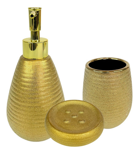 Conjunto Dourado Ceramica Organizador Banheiro Kit 3 Peças 