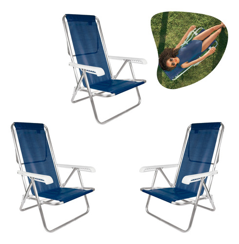 3 Cadeiras Praia Piscina Reclinável 8 Posições Alumínio Azul