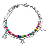 Pulsera Llave Estrella Candado 2 Cadena Clip Mostacil C:7809