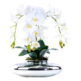 Arranjo Com 4 Orquídeas Brancas Toque Real Em Terrário Prata