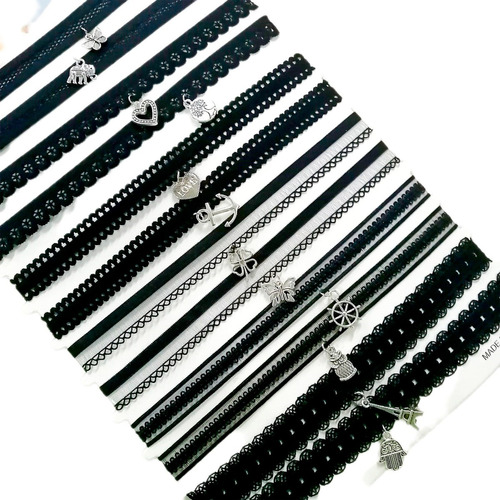 Kit 12 Colares Gargantilha Choker Pingente Com Renda Preto