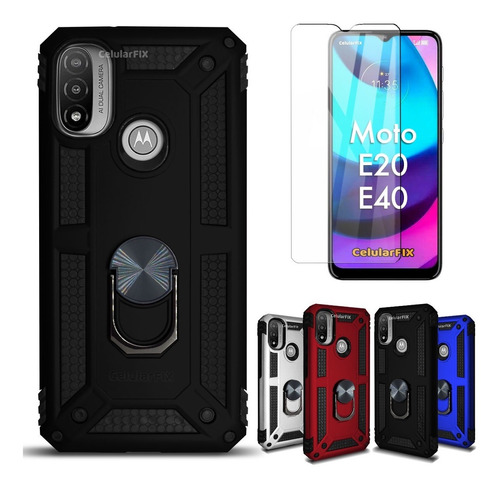 Funda P/ Moto E20 / E40, Rudo C/ Anillo Sujetador + Cristal