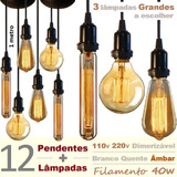 12 Luminária Pendente Completa + 12 Lâmpada Retro Vintage Gd