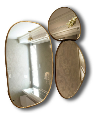 Kit 3 Uni Espelho Orgânico Com Moldura Decoração Elegante