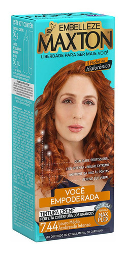 Kit Tinte Maxton  Tintura Creme Tom 7.44 Loiro Médio Avermelhado Intenso Para Cabelo