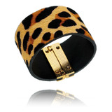 Bracelete Feminino Dourado Largo Oncinha Animal Print 