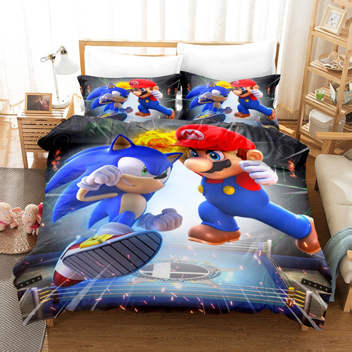 Juego De Ropa De Cama Infantil Mario V.s Sonic De 3 Piezas