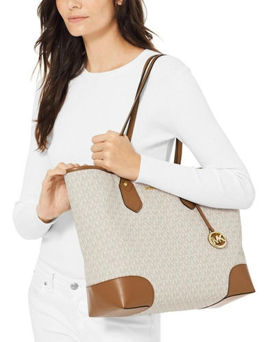 Michael Kors 100%original Tote Eva Grande Con Logotipo Acabado De Los Herrajes Oro Color Beige Color De La Correa De Hombro Café