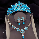 Conjunto Corona Cristal Tiara Azul Dorado Xv Años Drag Arete