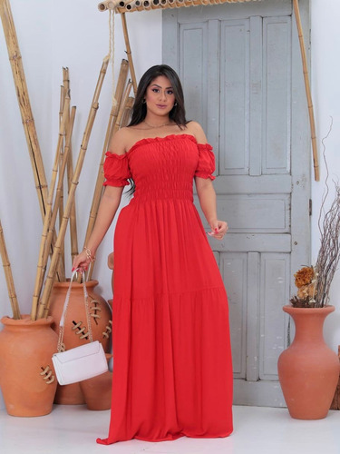 Vestido Longo Modelo Ciganinha Viscolinho Com Forro Elastex