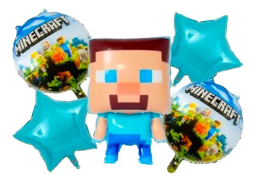 Set 5 Globos Metálicos Minecraft Para Aire O Helio