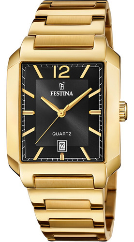 Festina Reloj Pulsera Acero Hombre Analogico Mineral Correa Dorado Bisel Dorado Fondo Negro