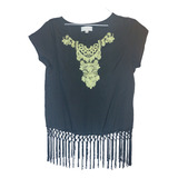 Blusa Remera Seda Negra Bordada Flecos T.m Mujer Imp.usa