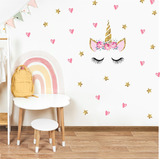 Vinilo Pared Infantil Unicornio Dorado Corazon Estrell Mod 2