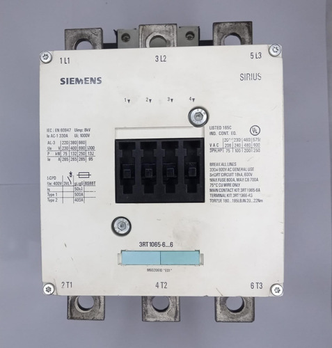 Contator Tripolar 265a 240vca 50/60hz 3rt10656ap36 - Siemens