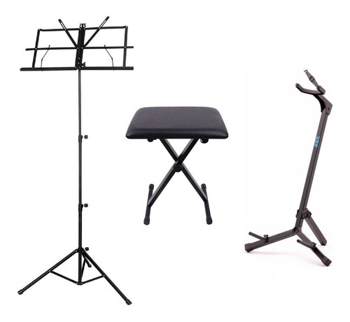 Estante Partitura + Suporte Violão + Banco Kit 3 Produtos