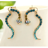 Brinco Dourado Estilo Ear Cuf Cobra Strass Azul Fashion 4 Cm