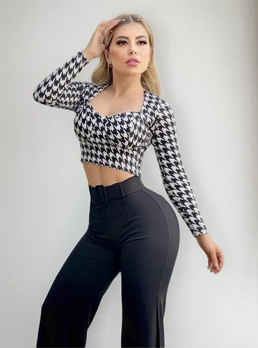 Pantalón Corte Campana Liso Con Blusa Gallo Elegante | Meses sin interés