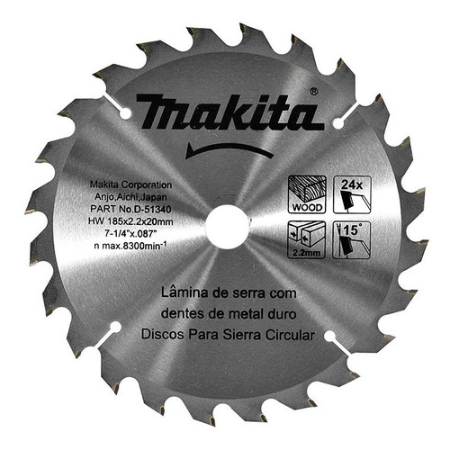 Disco De Sierra Makita 7 1/4 PuLG X 20mm X 24 Dientes Para Madera + Anillo Reductor