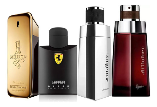 Kit 4 Perfumes Para Homem - 1 Malbec Trad., 1 Malbec Metalic,  One Million E 1 Ferrari Black