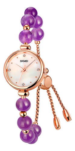 Reloj Mujer Skmei 1983 Acero Minimalista Elegante Clasico Malla Dorado Rosa/purpura Bisel Dorado Rosa Fondo Blanco