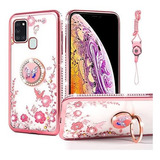 Funda Para Galaxy A21s Brillos Clear/rosa  Flores Mariposa 