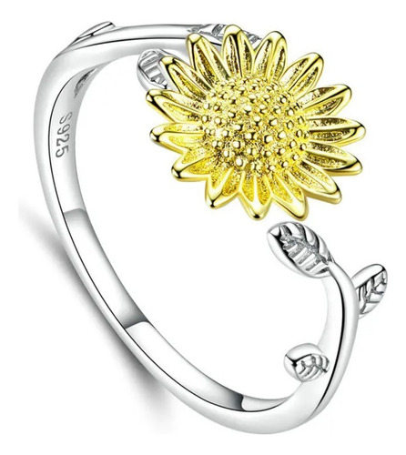 Anillo Flor Girasol Ajustable Para Mujer En Plata 925