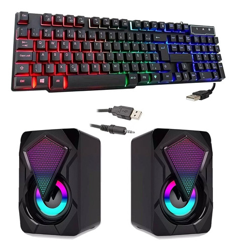 Kit Teclado Semi-mecânico + Caixa De Som Pc Gamer Luz Led Rg