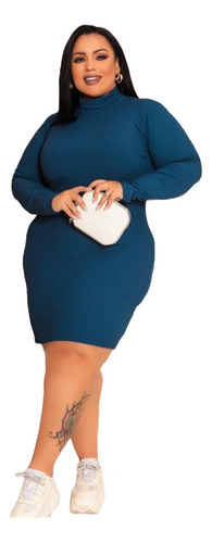 Vestido Canelado Plus Size Gola Modelador Midi Luxo