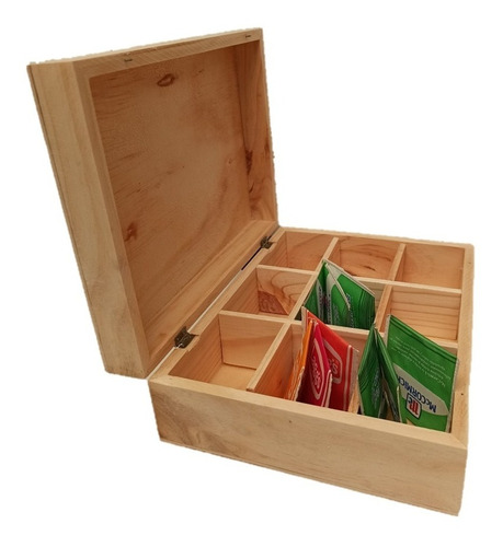 Caja Para Te Con Divisiones En Madera De Pino Natural, 3pz