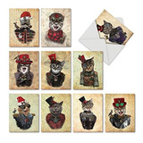 Notas Navideñas De Gatos Steampunk Navideños, Juego De 10 