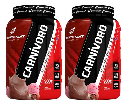 Kit 2x Carnívoro 900g Beef Protein Isolate - Bodyaction Sabor Napolitano