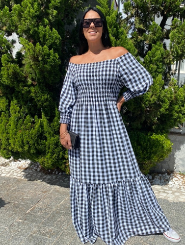 Vestido Longo Xadrez Gestante Plus Size Ajustável Ao Corpo