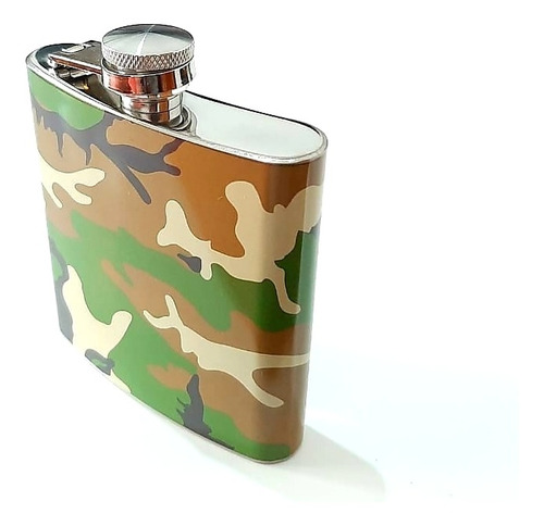 Petaca Camuflada Acero Inox Tapa A Rosca Whisky Militar Caja