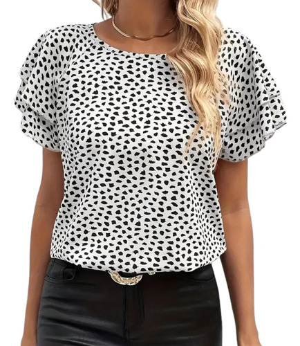 Blusa Top Polera Con Mangas A Capas Estampada