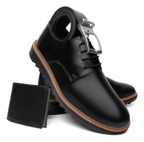 Kit Sapato Oxford Derby Preto Masculino + Cinto + Carteira