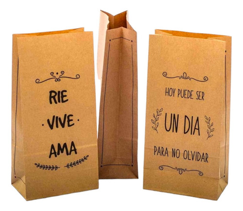 10 Bolsas Papel Sin Manija Kraft Madera Con Frases Souvenir