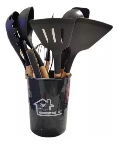 Set Utensilios Cocina X12 Silicona Premium Madera Negro