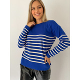 Sweater Básico Rayado Mujer Pullover Cuello Redondo 